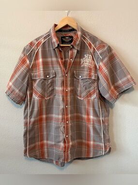 Harley-Davidson Men's Gray & Orange Plaid Short-Sleeve Pearl Snap V Twin Shirt